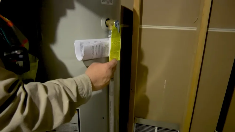 Hand holding a sheet of paper against a wall next to a furnace closet, with a yellow label on the wall