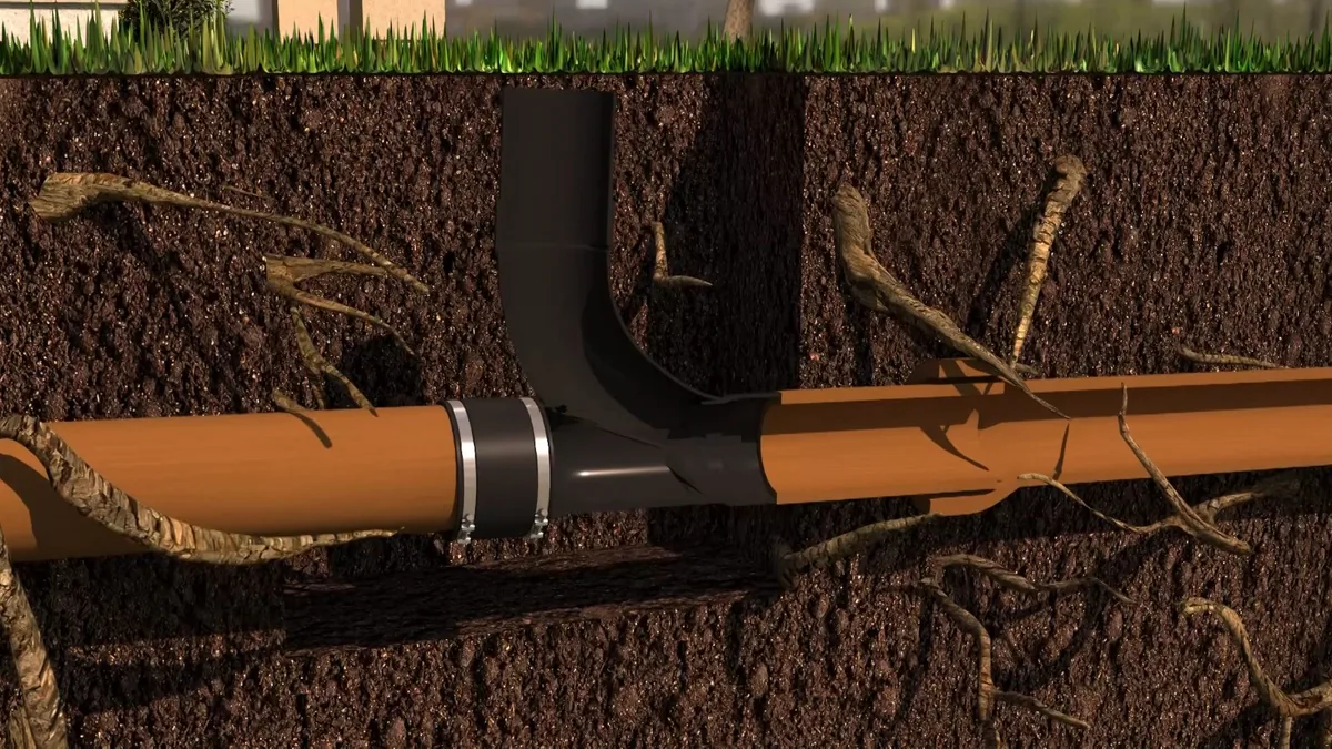 Illustration of an orange sewer pipe buried in soil with tree roots reaching the joint of a side branch