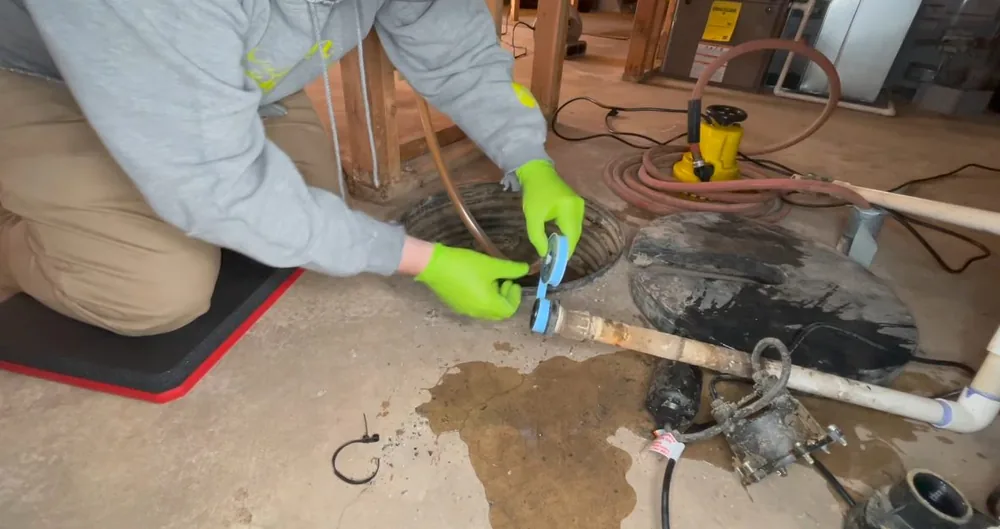 Person in green gloves working on a pipe connection beside a sump pit with water on a basement floor