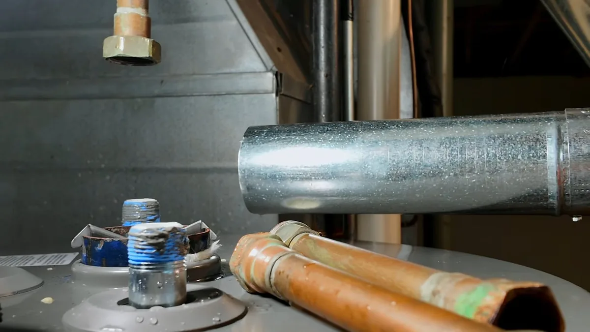 Top of a water heater with a galvanized vent pipe and copper supply lines running upward