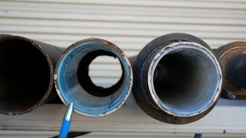 Cross sections of cut pipe samples showing a blue liner inside black pipe
