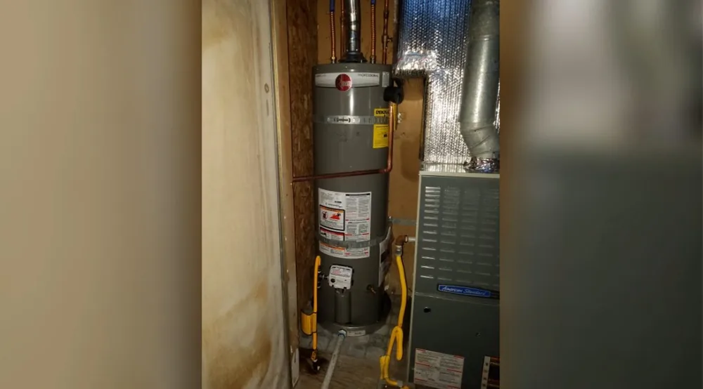 Gas water heater in a cupboard next to a furnace, with the vent running up between them