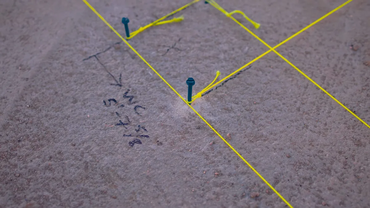 Gray carpet marked with yellow tape lines and handwritten notes over a floor