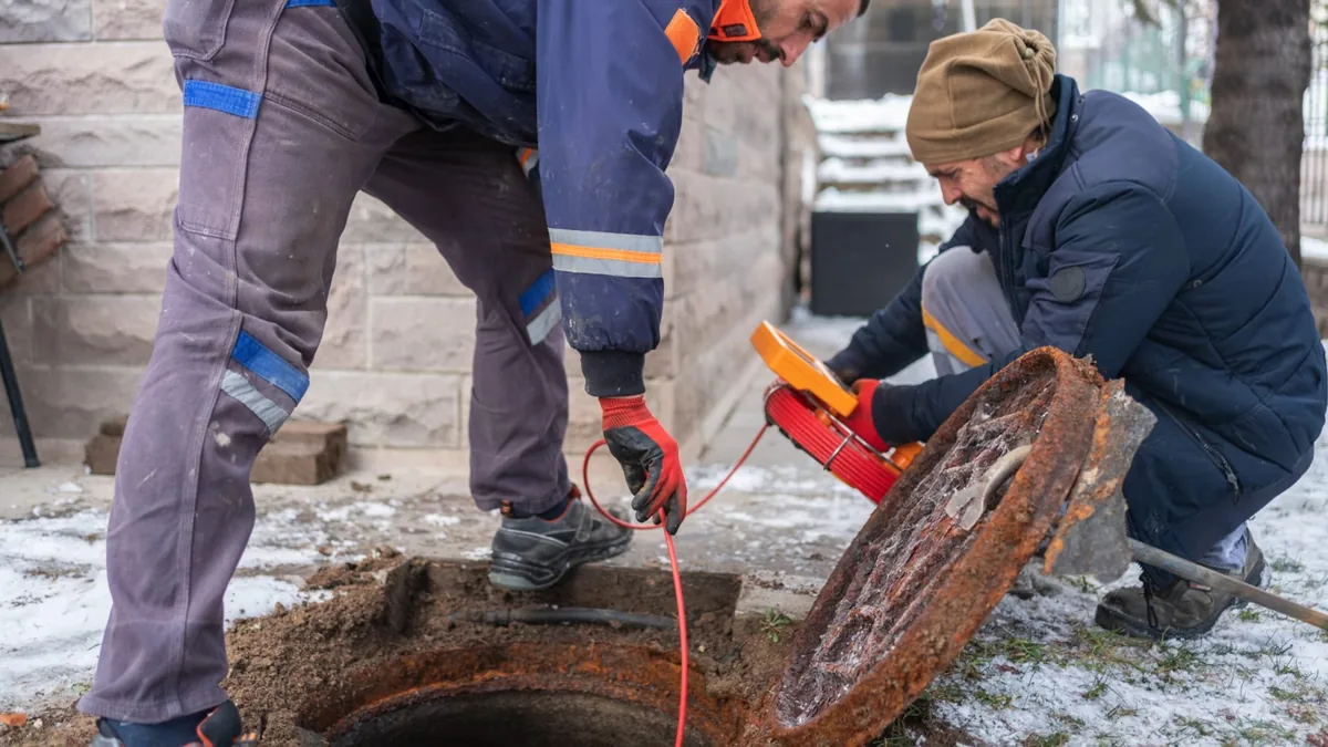 Two workers in winter coats lifting a manhole cover at a yard cleanout, with an orange cable running into the opening