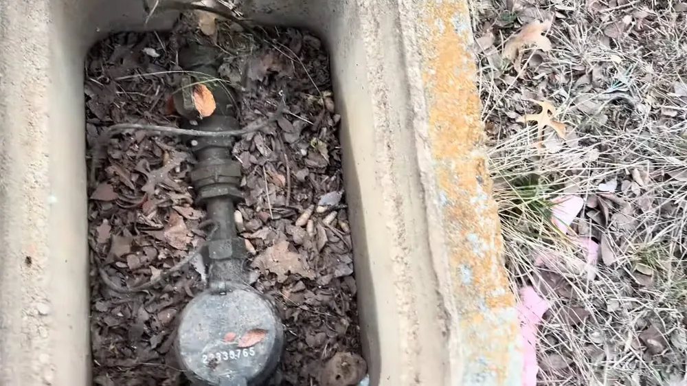 Water service valve and meter at the bottom of a concrete ground box filled with dry leaves